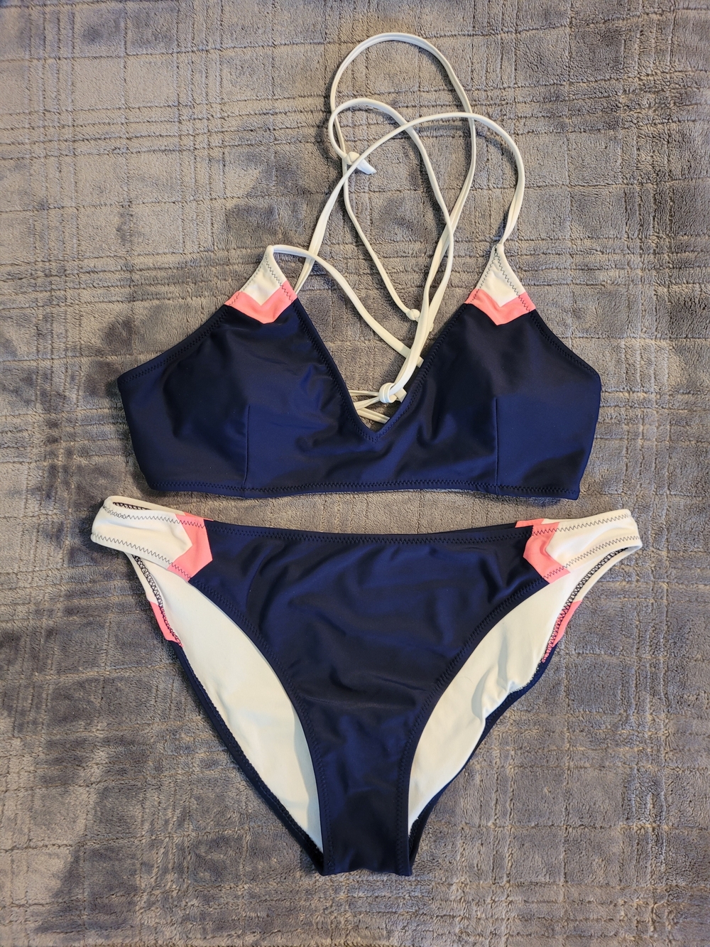 Cupshe Navy Bikini with White Straps and Pink Accents